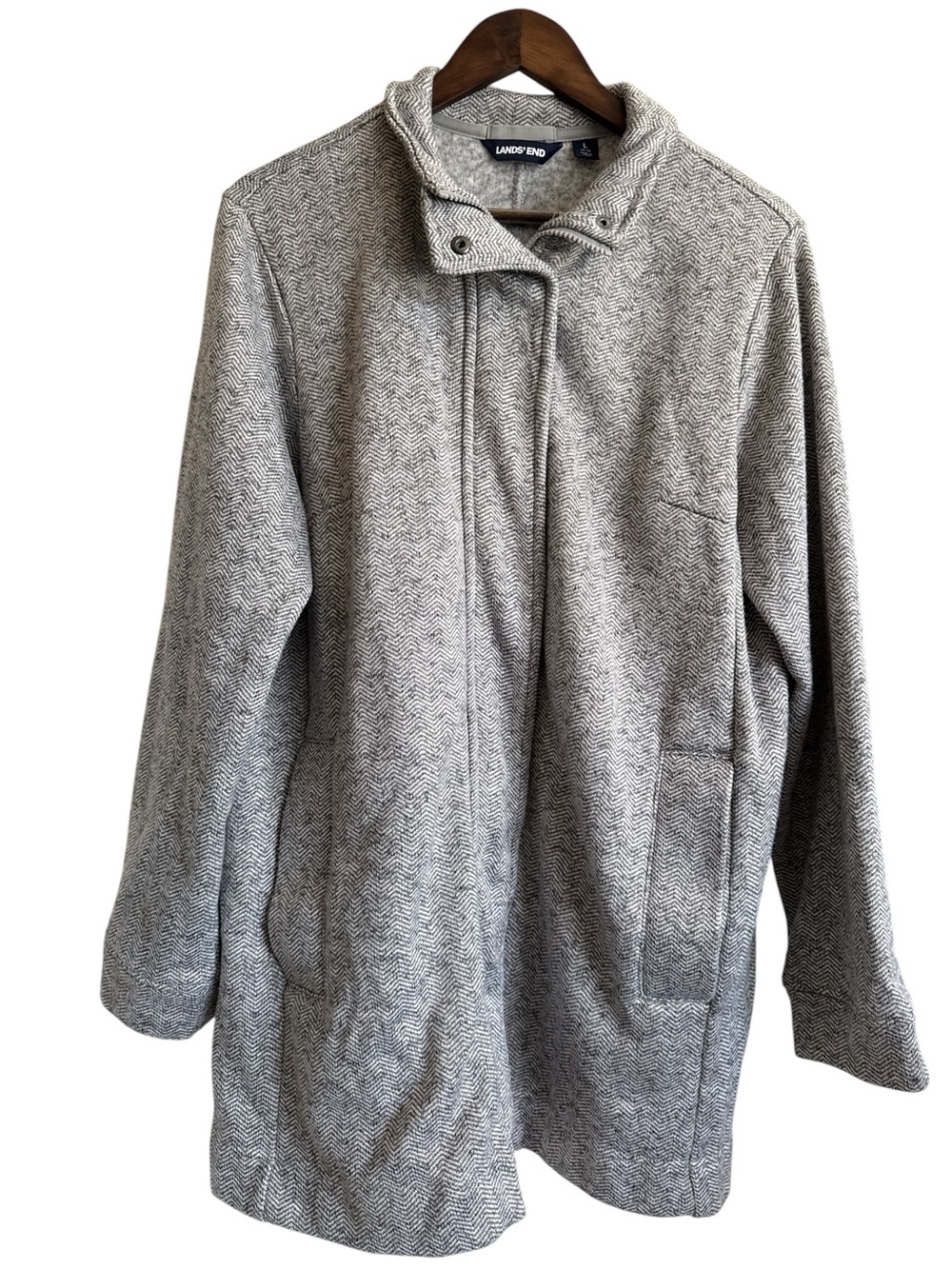 Lands' End Men's Gray Herringbone Zip-Front Sweater Jacket